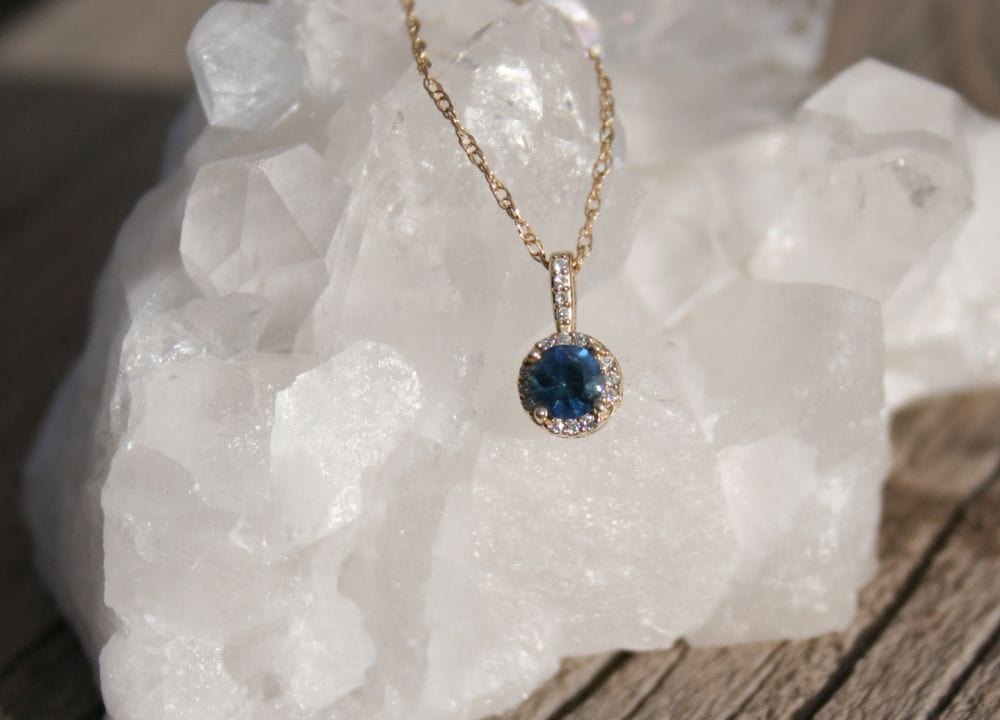 14K Gold Montana Sapphire Halo Necklace