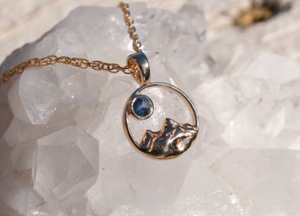 14k Gold Dainty Mountain and Montana Sapphire Pendant