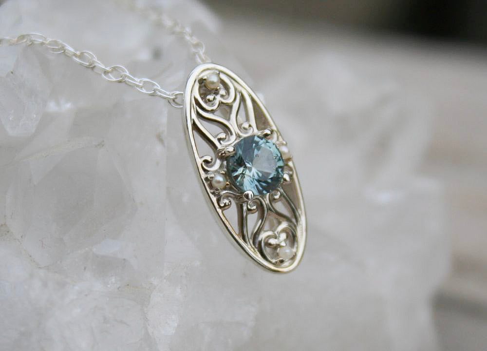 Montana Sapphire and Pearl Filigree Pendant