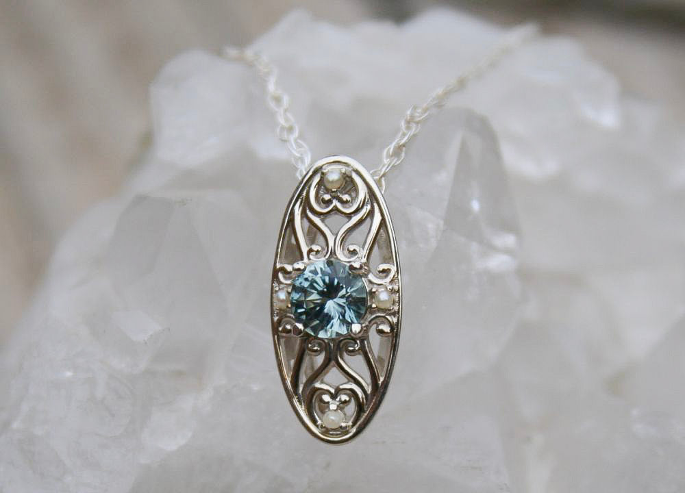 Montana Sapphire and Pearl Filigree Pendant