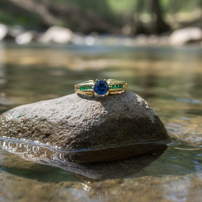 Gold ring with blue Montana sapphire and green emeralds in yellow gold on a white stone surface