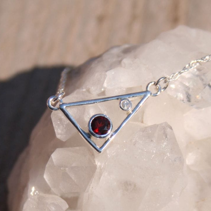 Garnet and white sapphire Triangle geometric Necklace