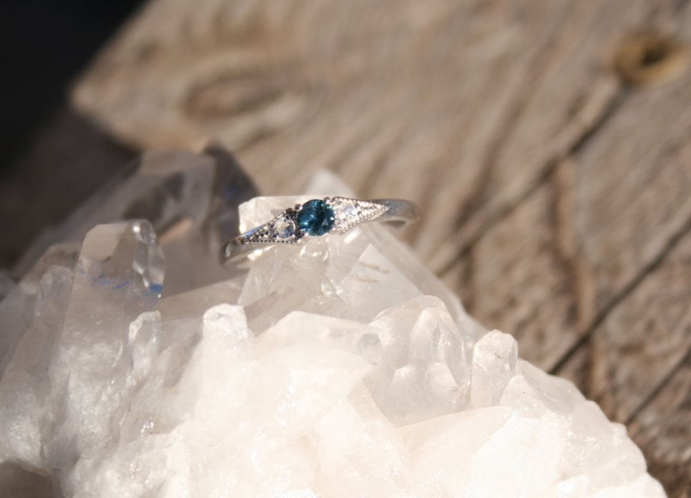 Vintage Inspired Dainty 3 Stone Montana Sapphire Ring