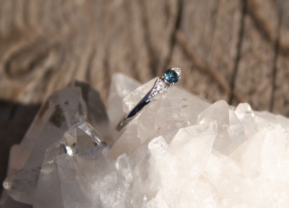 Vintage Inspired Dainty 3 Stone Montana Sapphire Ring
