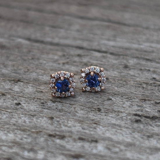 Yogo sapphire with diamond halo in rose gold earrings