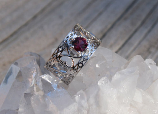 Garnet Heart Filigree Wide Band Ring