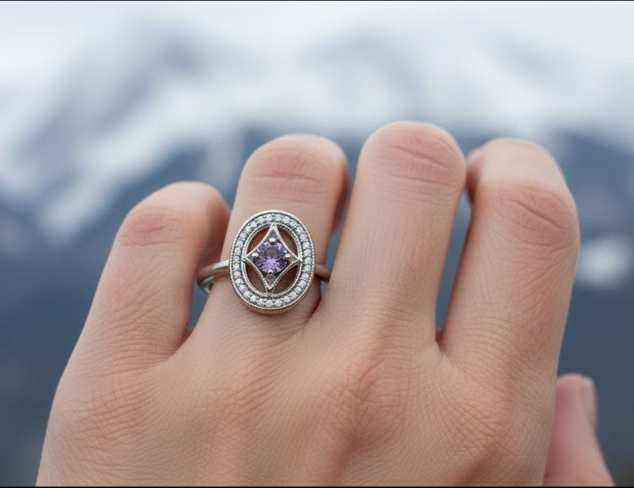 Pink Sapphire in Diamond Open Shield Ring