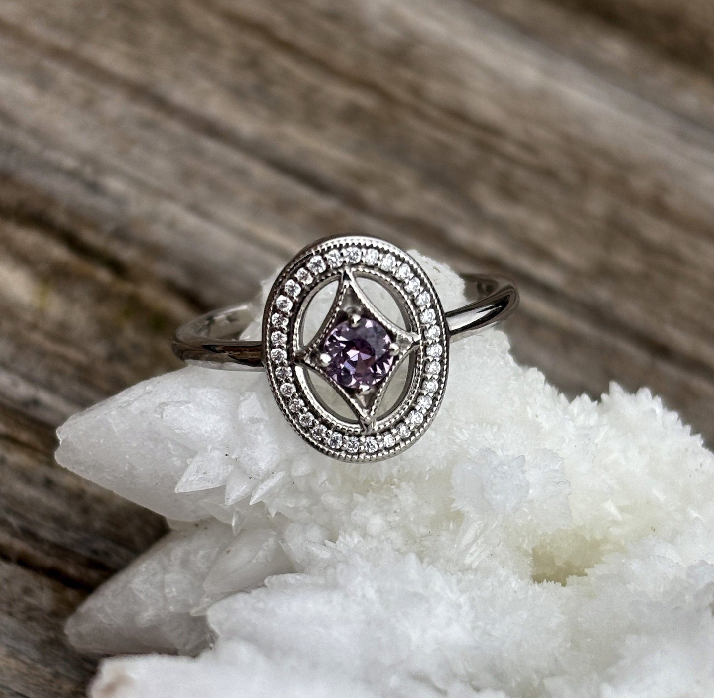 Pink Sapphire in Diamond Open Shield Ring
