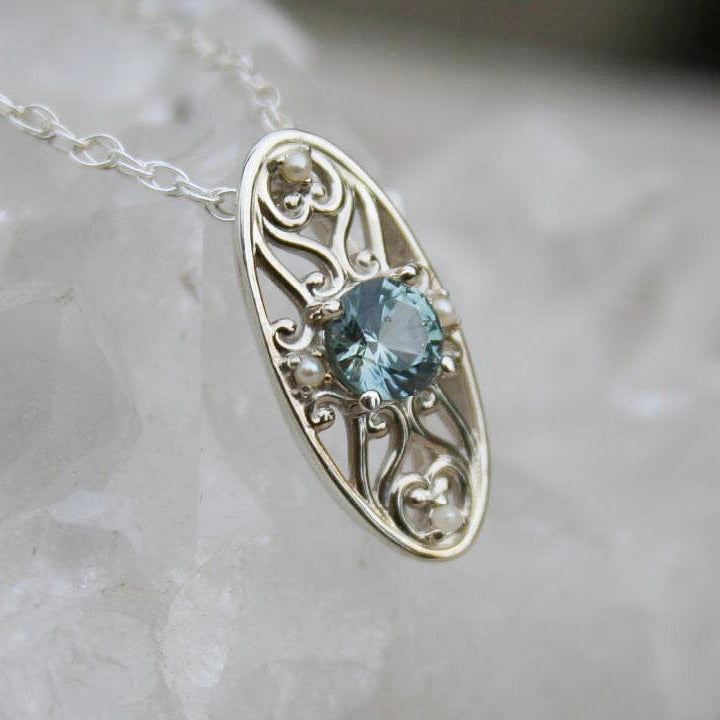Blue Montana sapphire and pearl pendant necklace