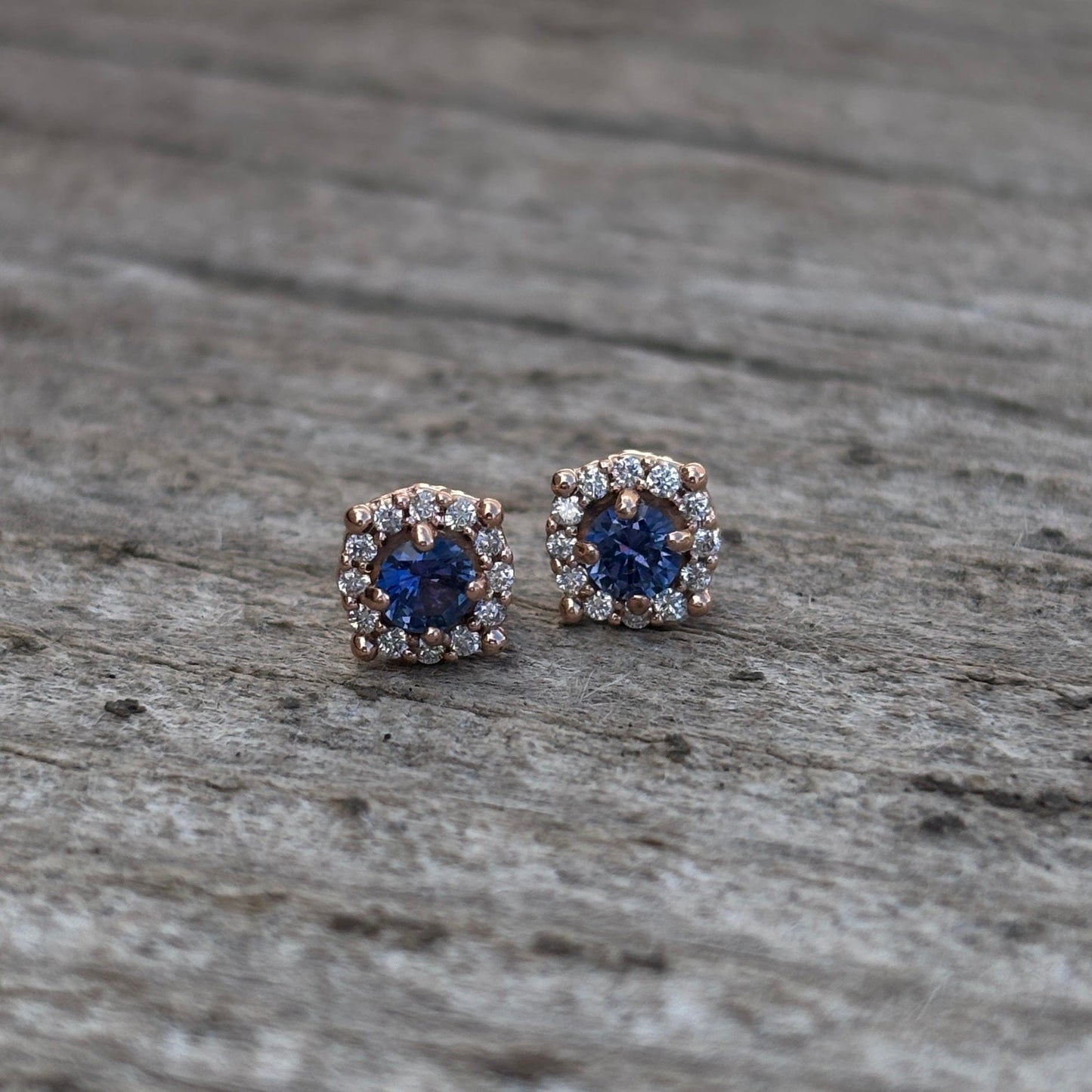 Yogo sapphire with diamond halo in rose gold earrings