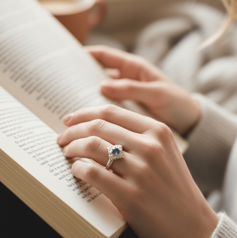 A close-up lifestyle shot of a person reading a book, wearing a silver ring with a round blue Montana sapphire on their finger.