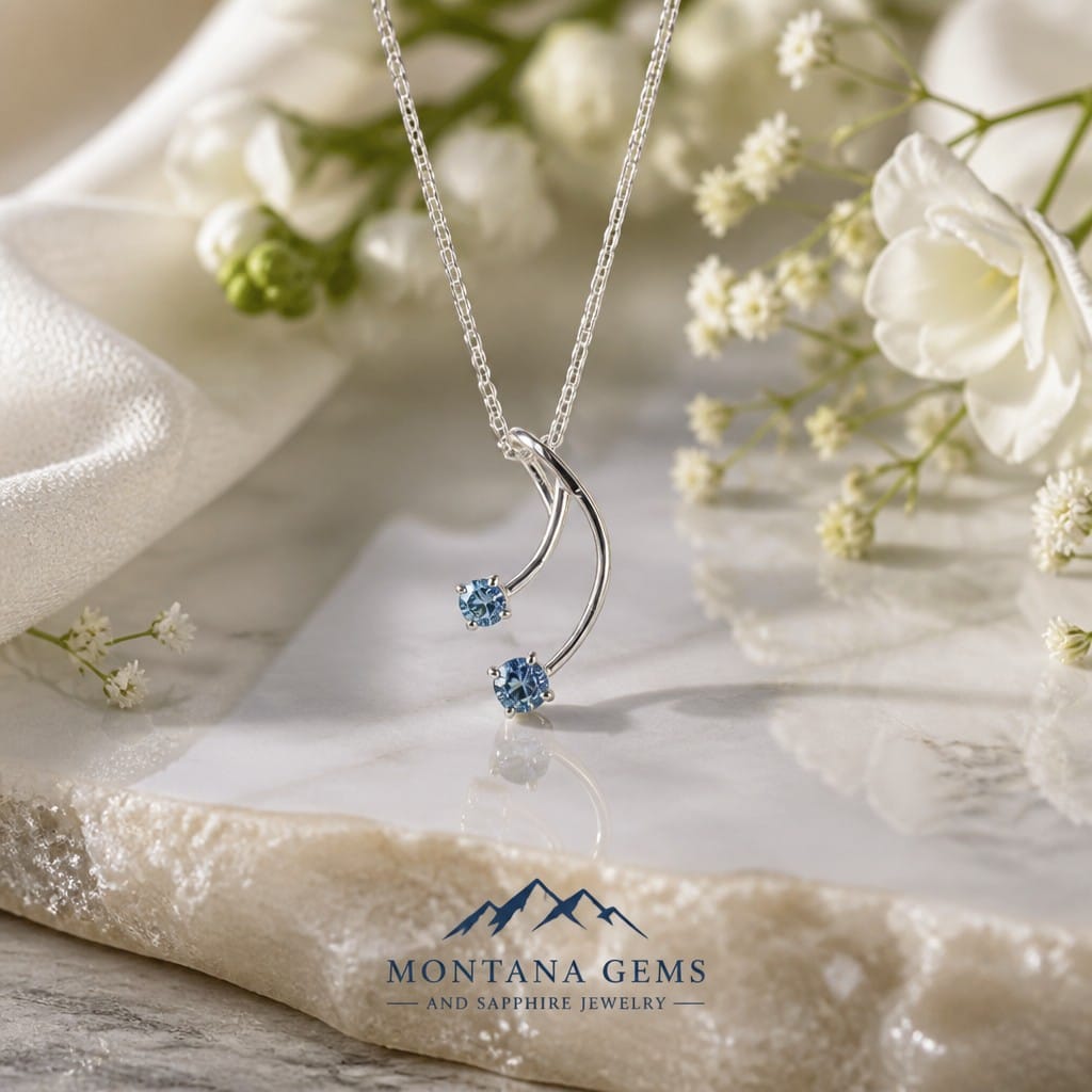 A silver double stone Montana sapphire  pendant necklace with two blue-hued sapphires