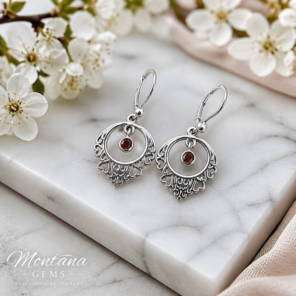 Garnet Heart Framed Dangle Earrings