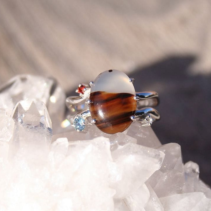 Unique montana agate ring with sapphire accents
