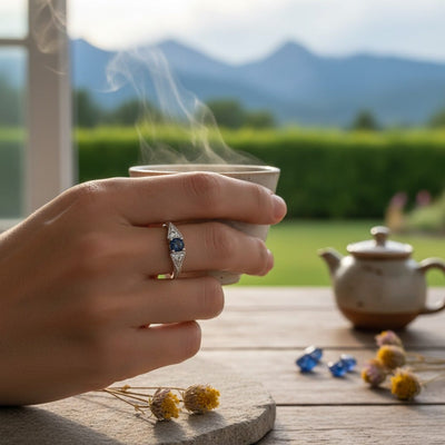 Montana Gems and Sapphire Jewelry antique inspired sterling silver ring with a blue Montana sapphire and white accents