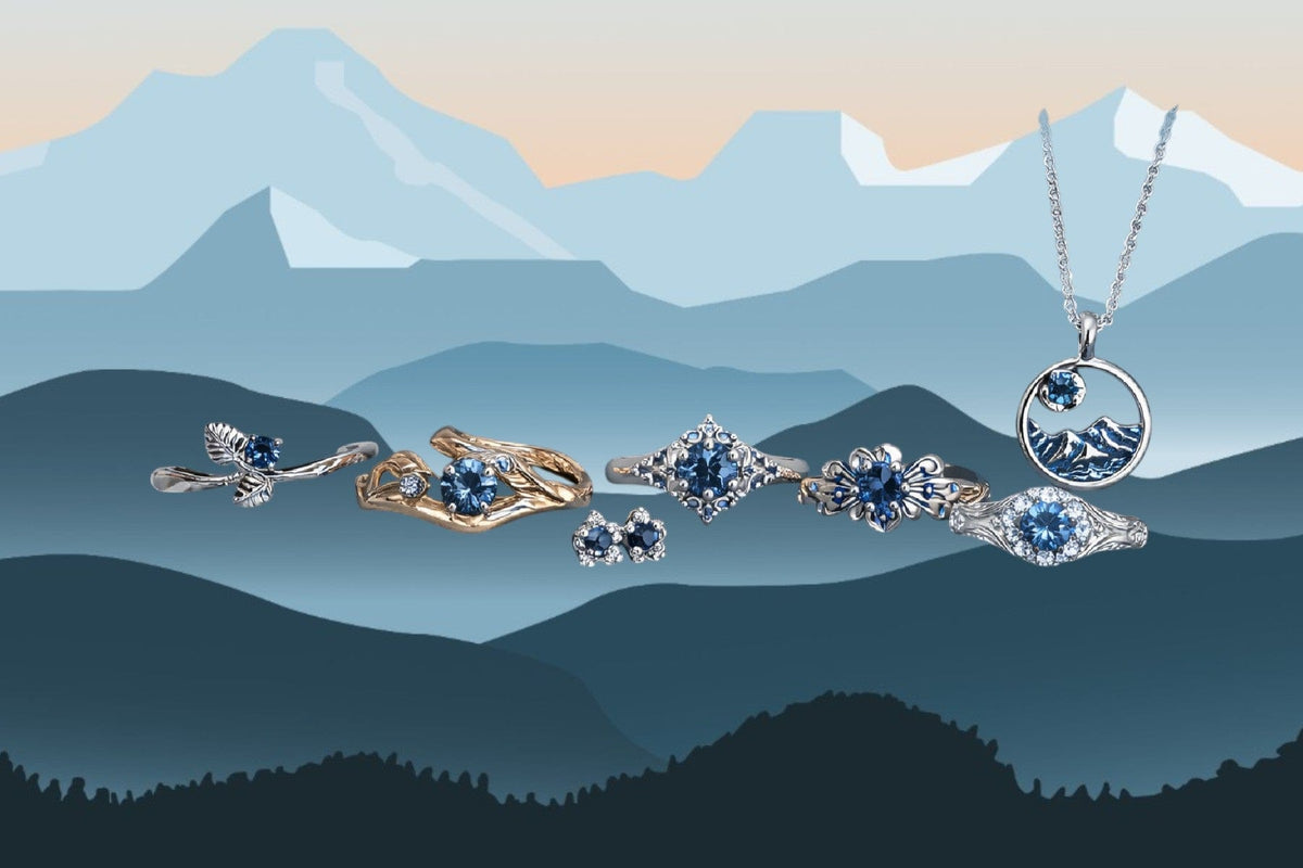 Montana sapphire Jewelry set against a mountain landscape
