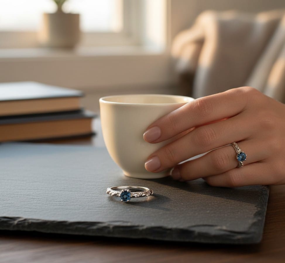 Montana Gems and Sapphire Jewelry twisted beaded band ring with a round blue Montana sapphire in a six-prong setting.