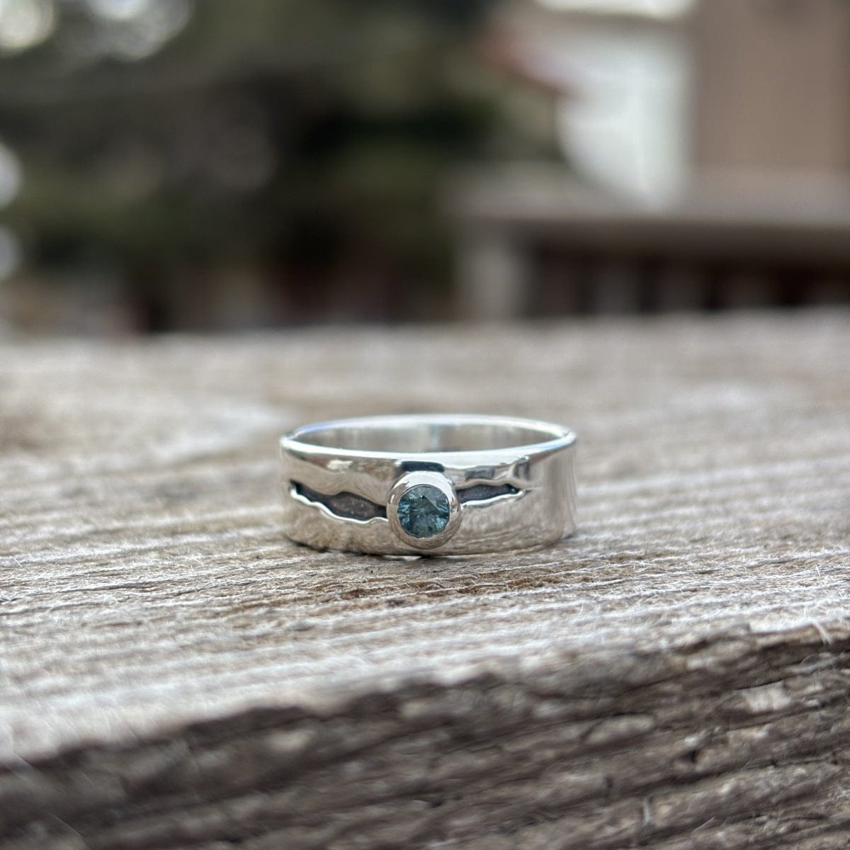 Organic textured wide unisex sapphire band