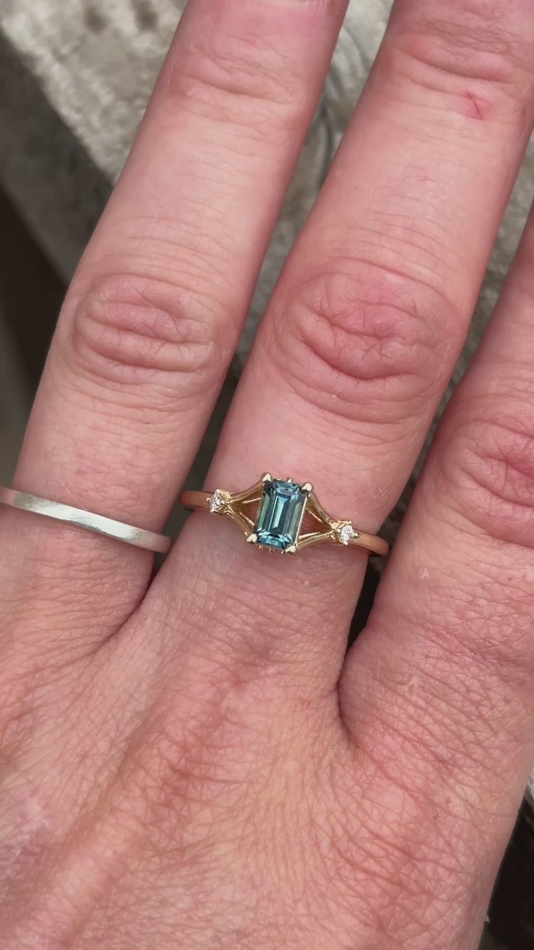 Load and play video in Gallery viewer, Teal Emerald Cut Montana Sapphire Ring
