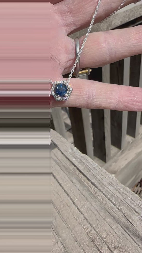 Load and play video in Gallery viewer, Montana Sapphire Hexagon Halo Pendant
