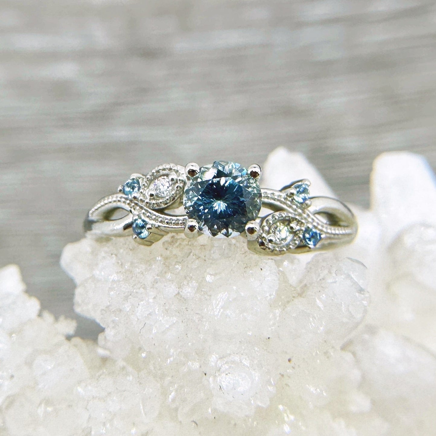 Sapphire Aqua Diamond Floral Ring
