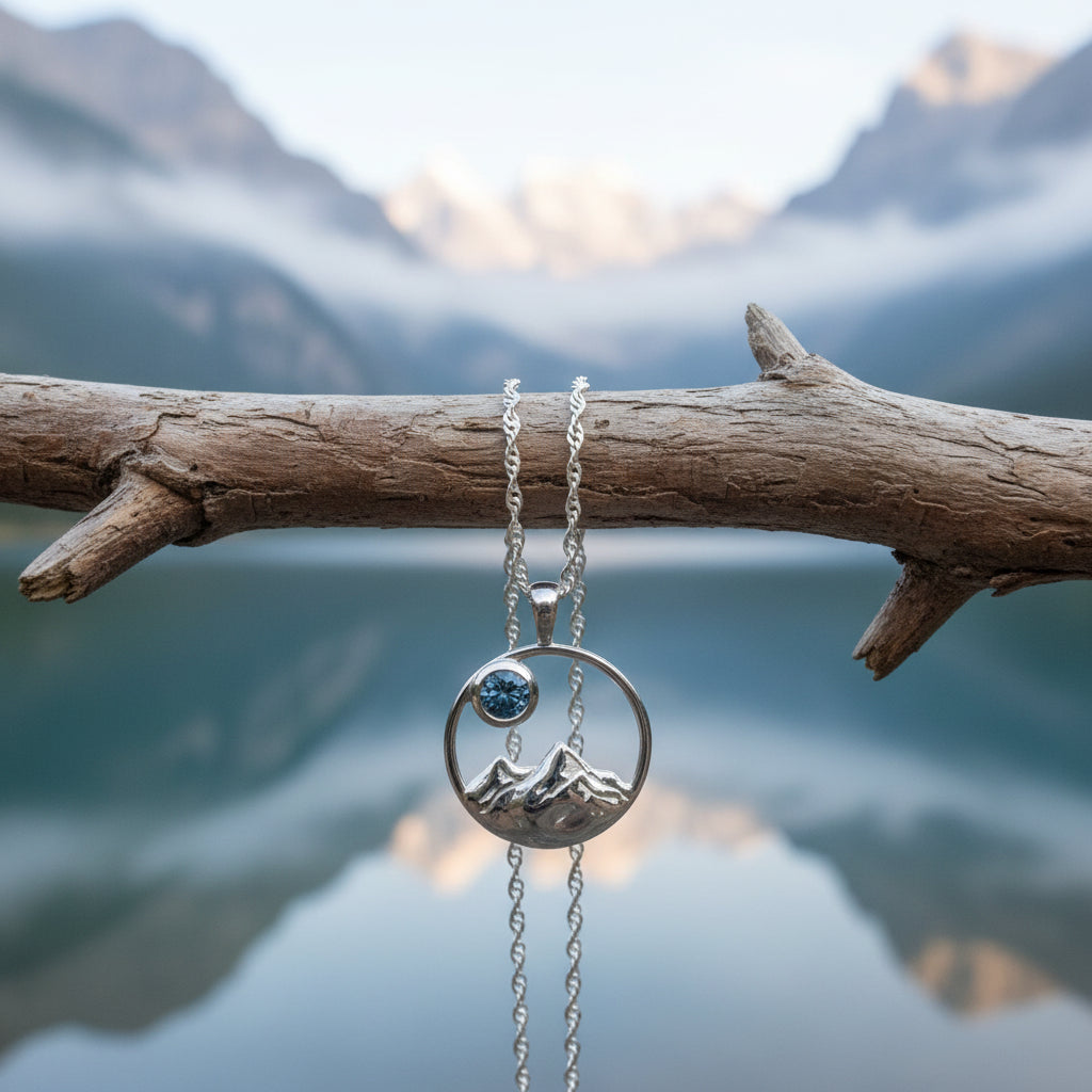 Silver pendant with mountain scene in a round frame.  Has a 4mm bezel set blue Montana sapphire. 
