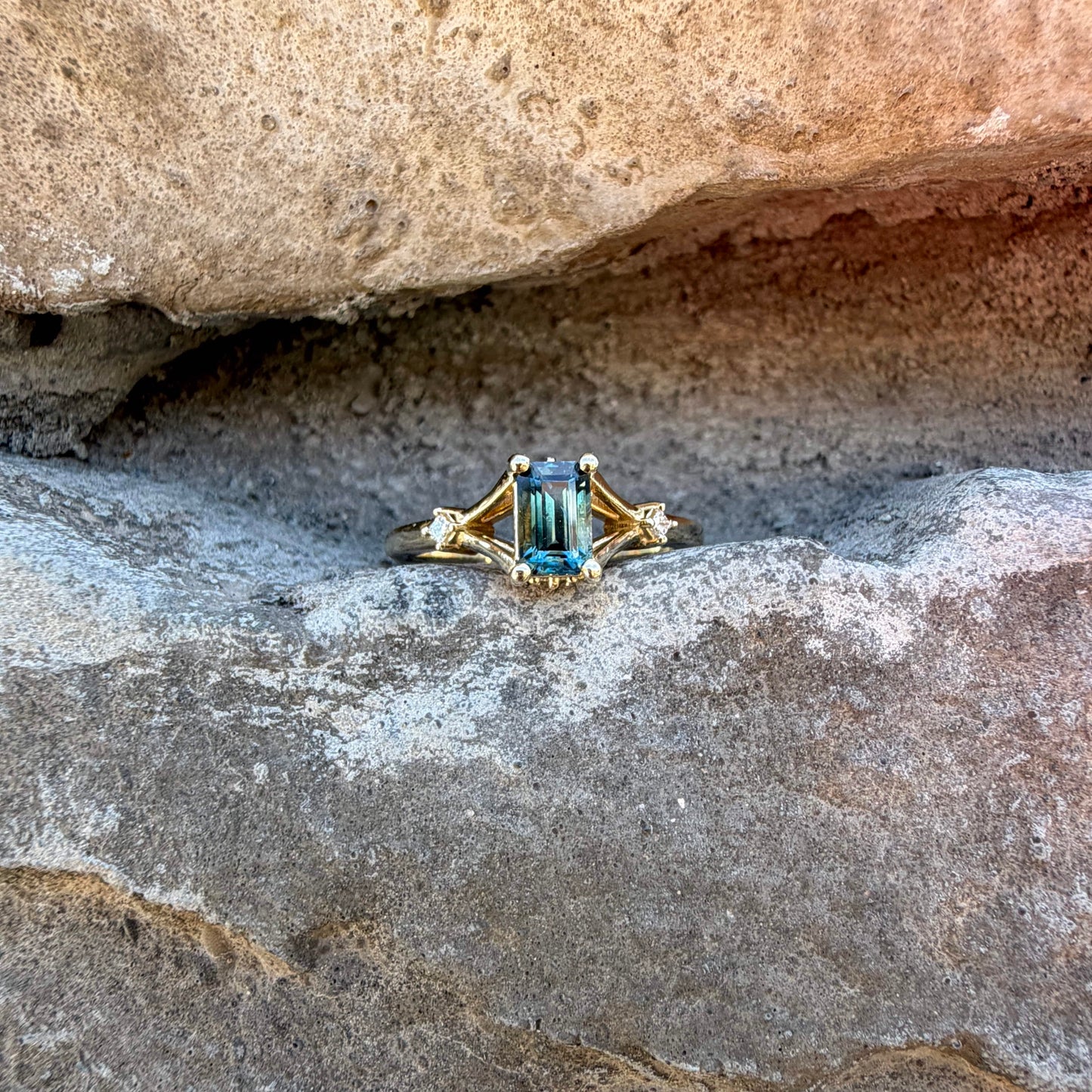 Teal Emerald Cut Montana Sapphire Ring