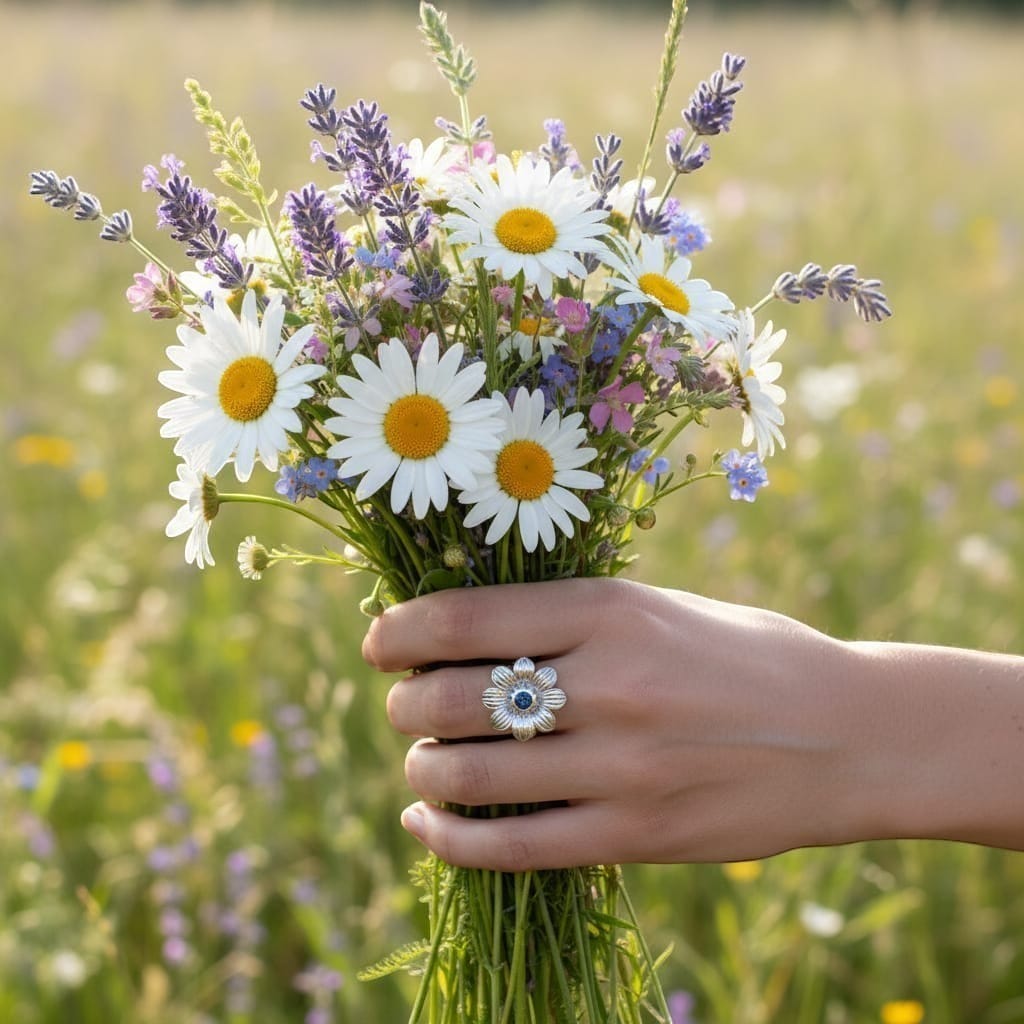 Montana Gems and Sapphire Jewelry sterling silver flower ring with a blue sapphire, held by a hand in a wildflower field
